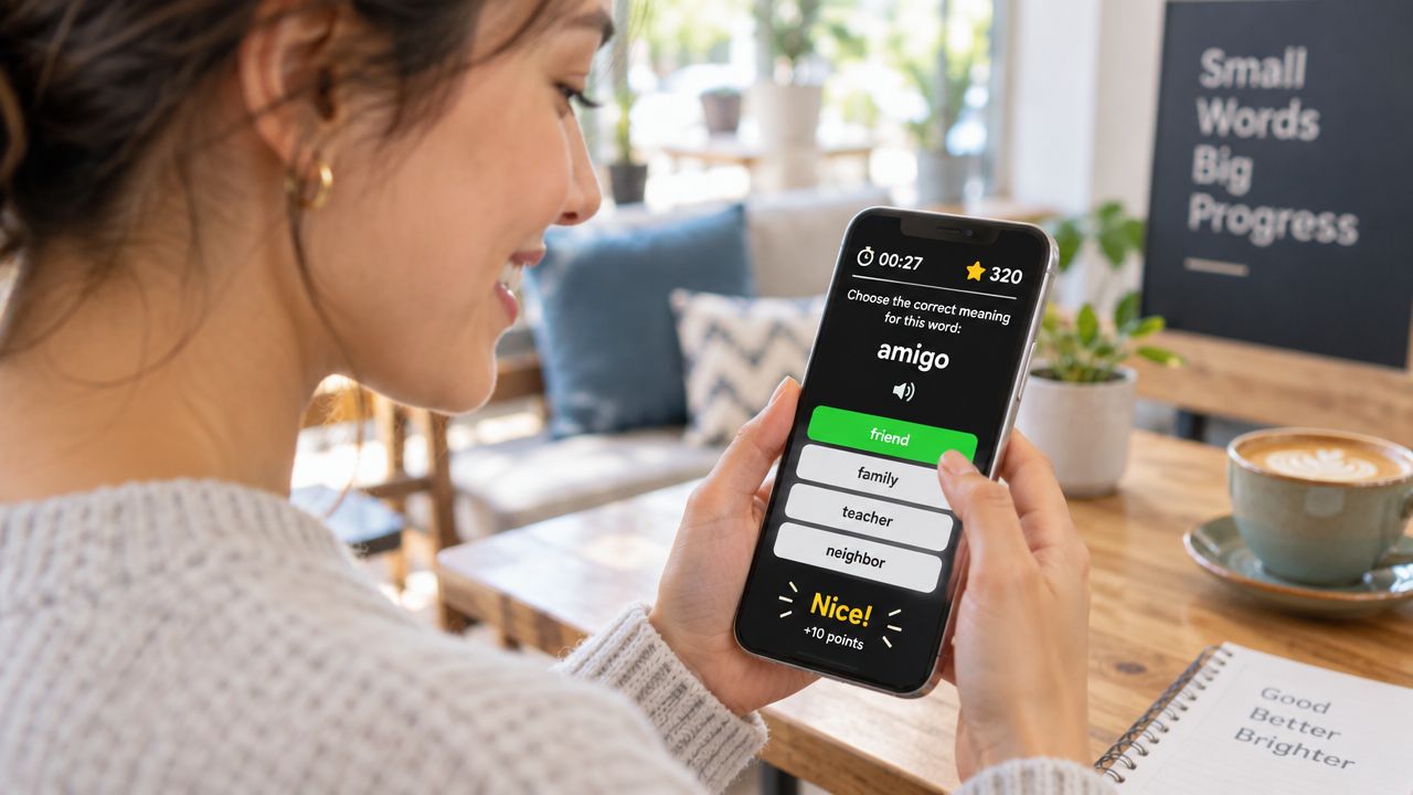 A person smiling while playing a gamified vocabulary challenge on their smartphone, illustrating fun and competitive learning.