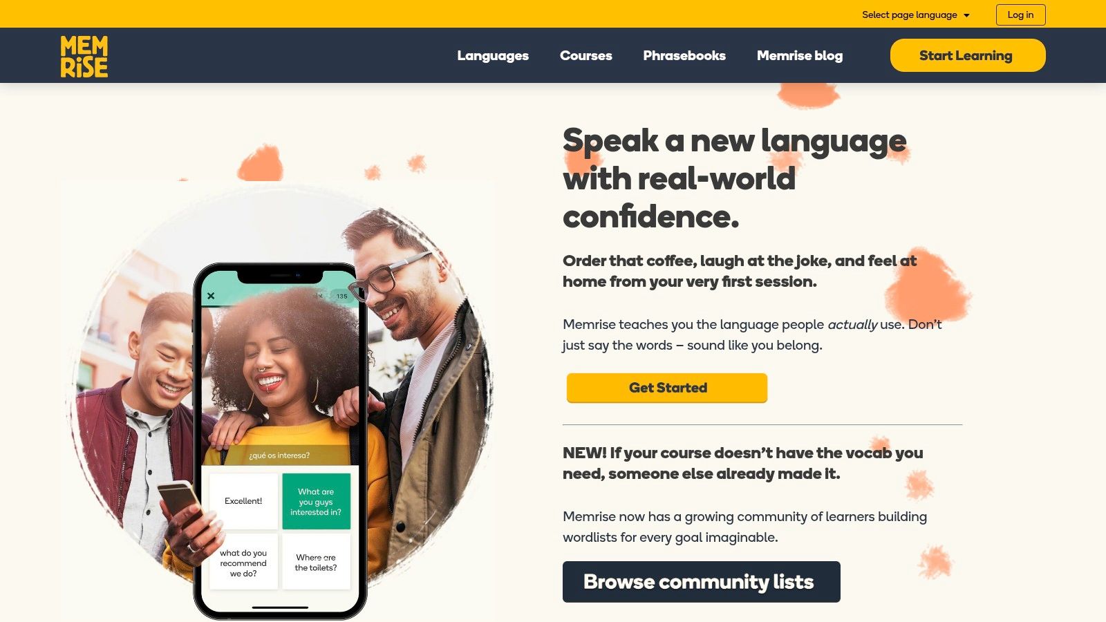 Memrise app showing a video-based learning card for a Spanish phrase