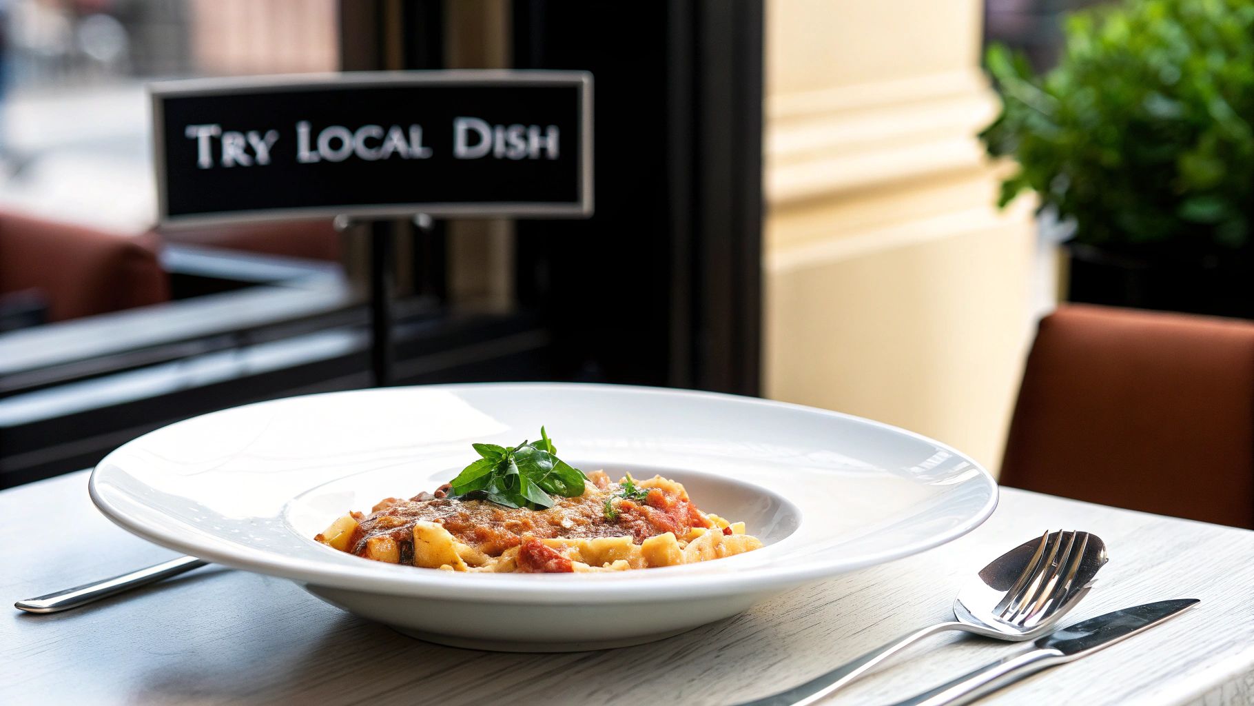 A delicious plate of pasta with tomato sauce and fresh basil, served on a wooden table at a restaurant.