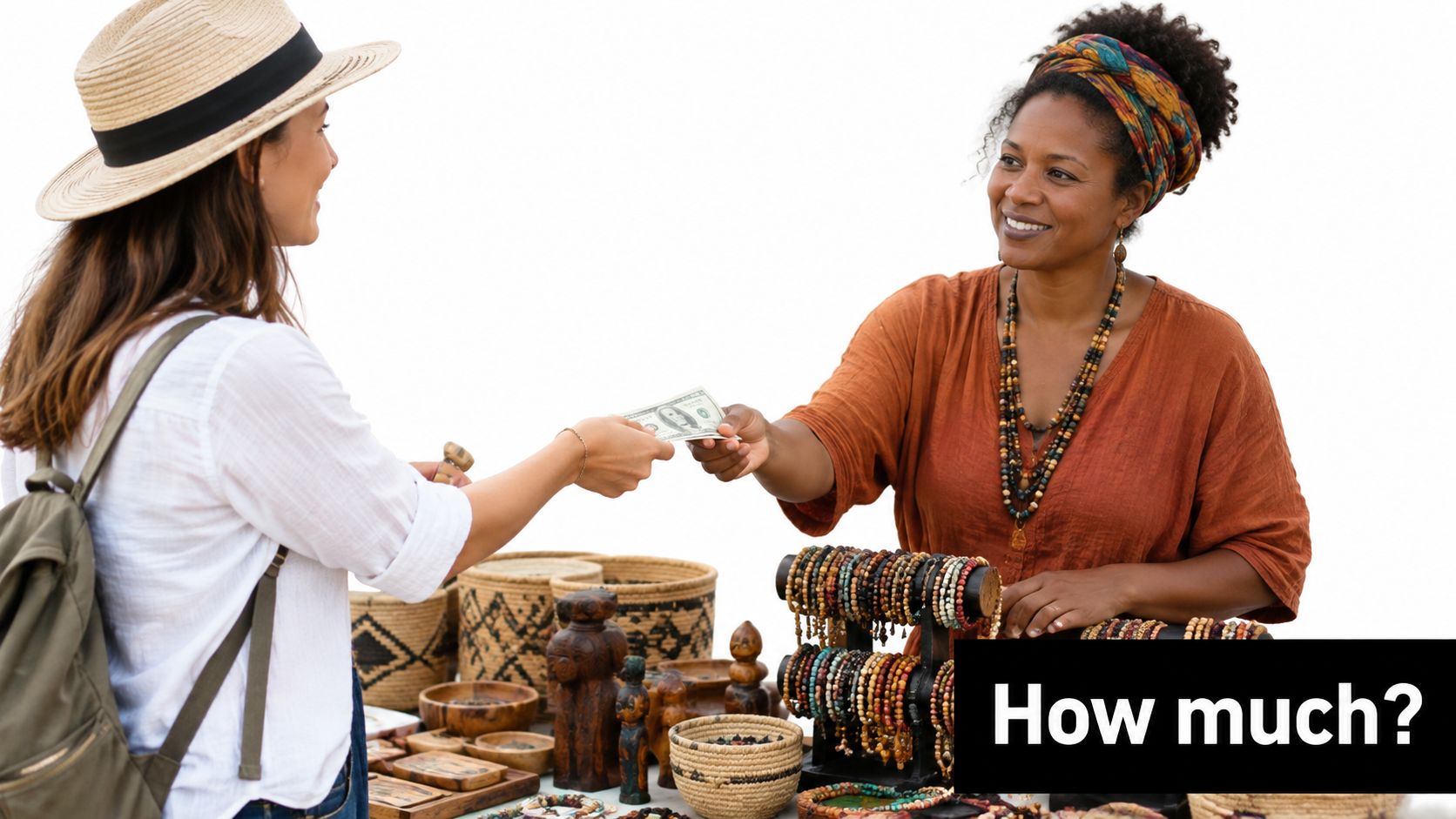 A woman in a straw hat hands cash to an artisan selling handmade jewelry and woven baskets.