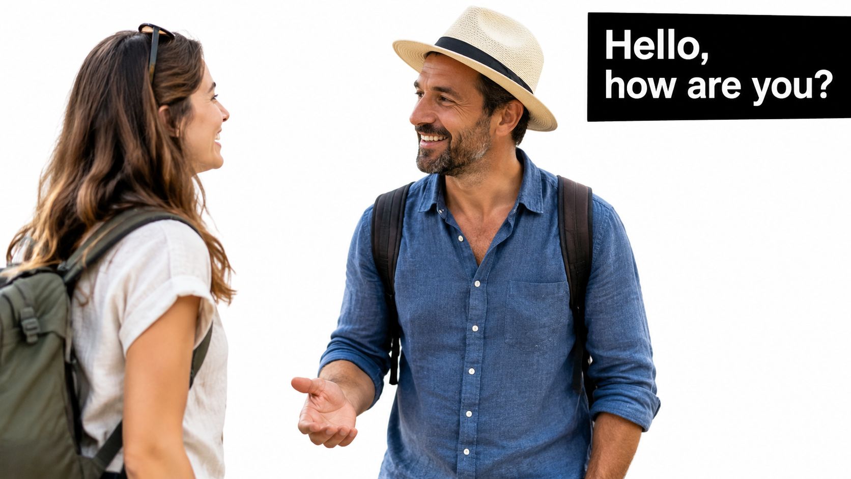 A friendly man and woman wearing backpacks and talking to each other against a white background.