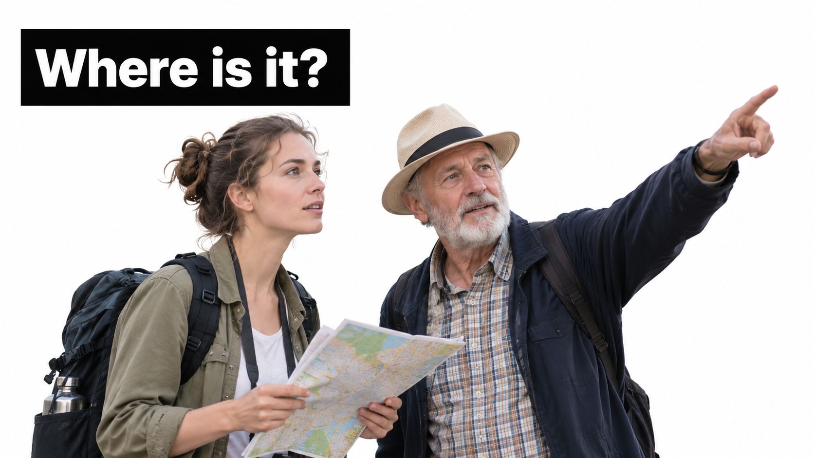 A young woman and an older man looking at a map while exploring and pointing ahead.