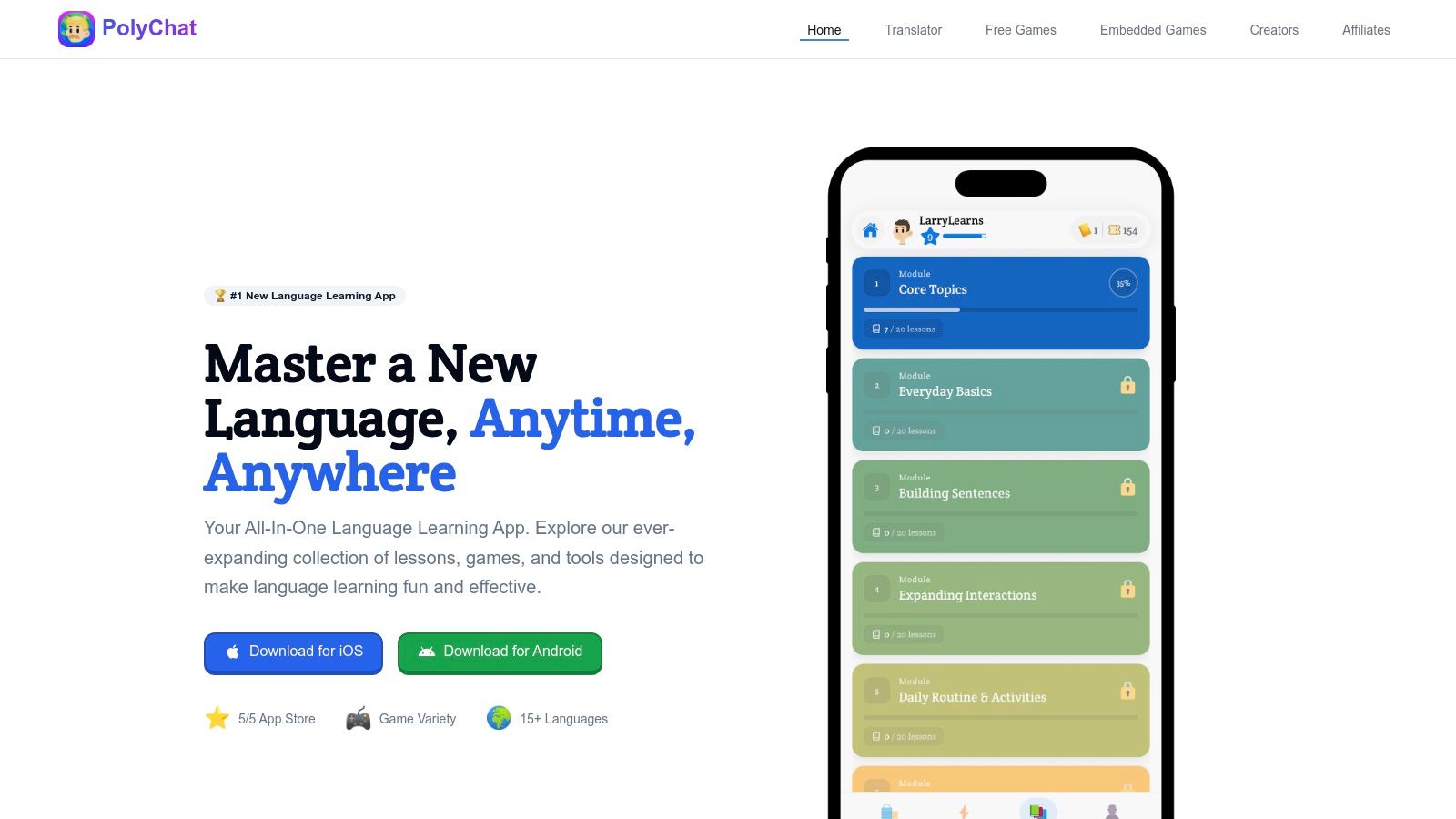 PolyChat app interface showing Spanish learning games and lessons