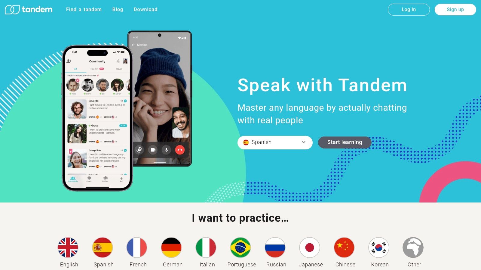 Tandem app interface showing a user's profile and conversation starters, highlighting the social connection aspect of the platform.