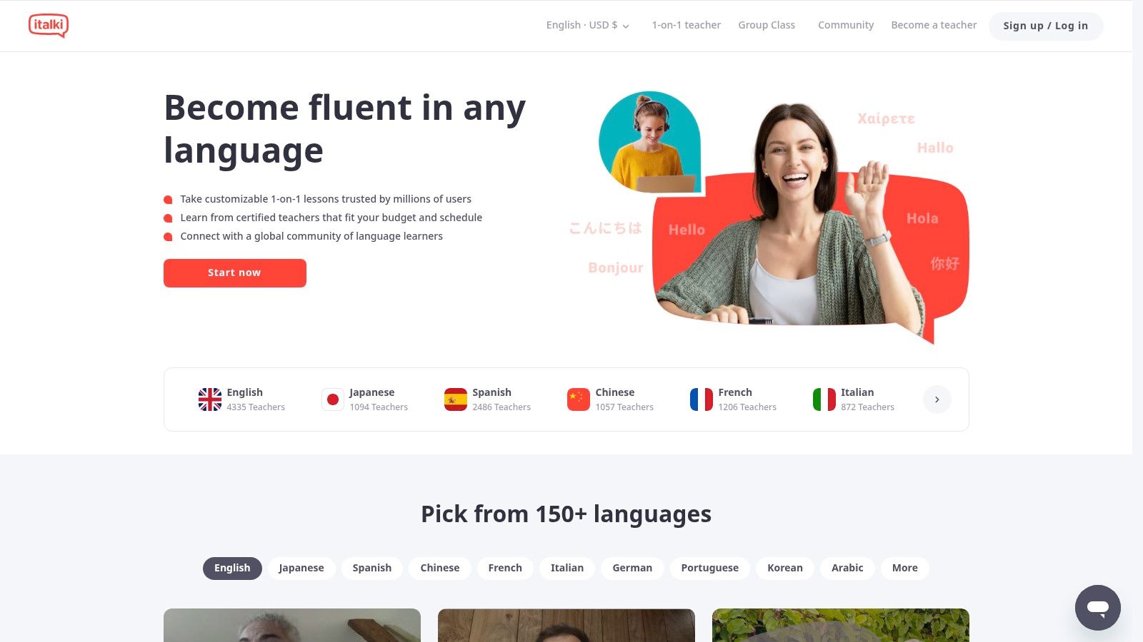 italki app interface showing a list of language tutors with their photos, ratings, and hourly rates.