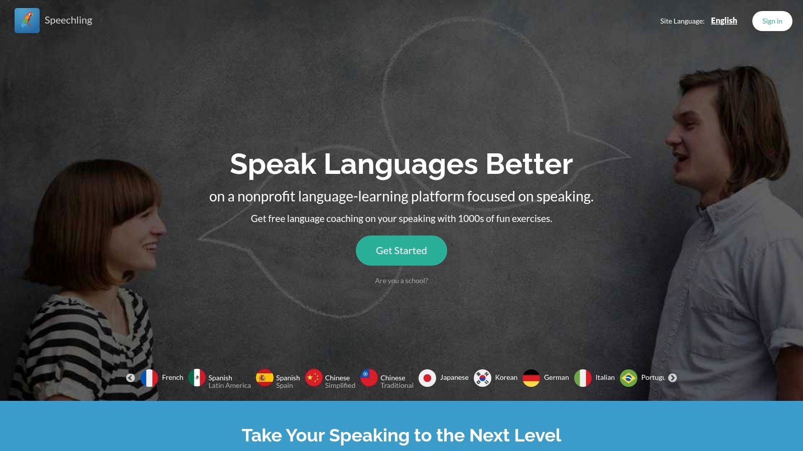 Speechling app interface showing a sentence to record, with a waveform visualization and a button to submit for coaching.