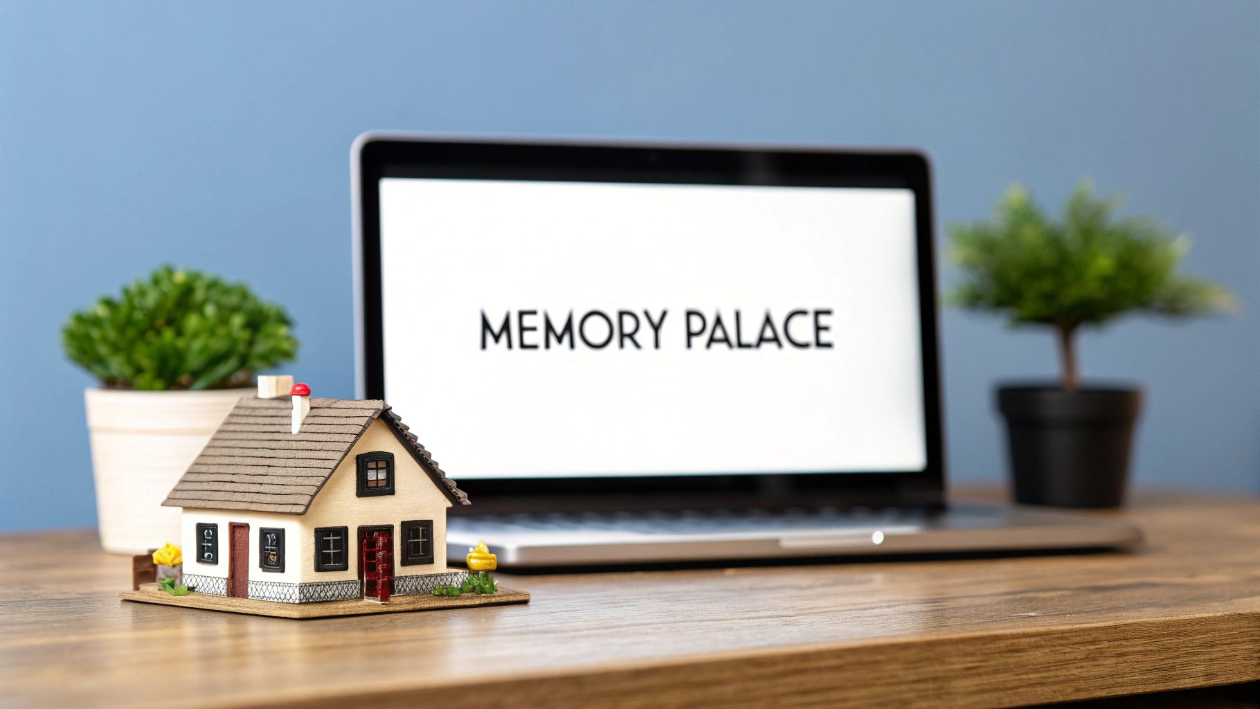 A miniature house model on a wooden desk, with a laptop displaying 'MEMORY PALACE' and potted plants.