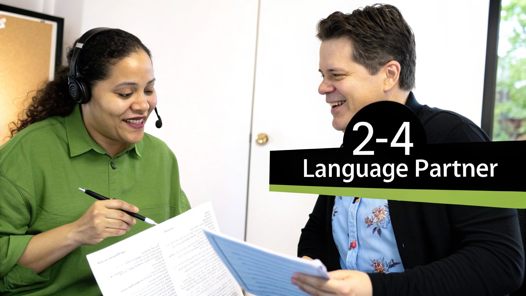 Two smiling adults, one with a headset, engage in a language learning session with documents.