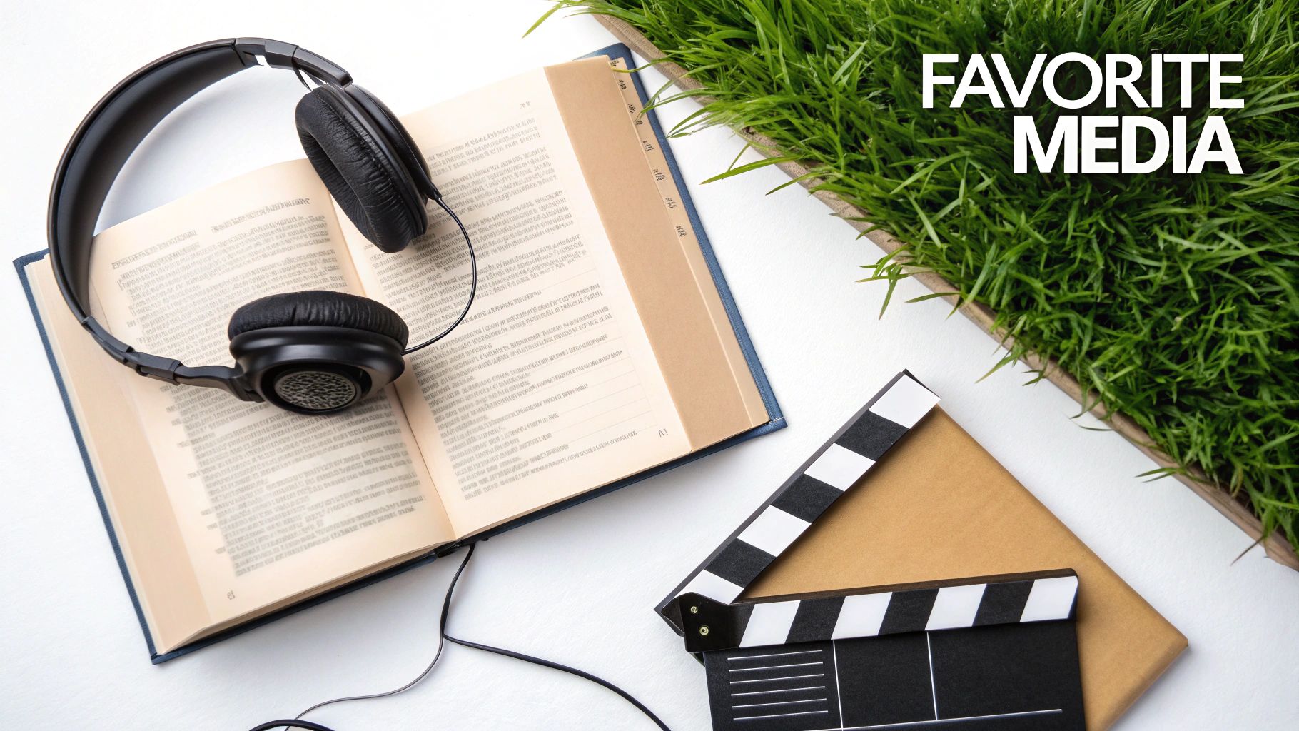 Headphones on an open book, a clapperboard, and green grass with 'FAVORITE MEDIA' text.
