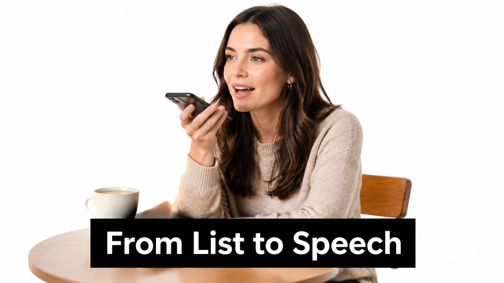 A young woman sits at a table while talking into her smartphone to use a language app.