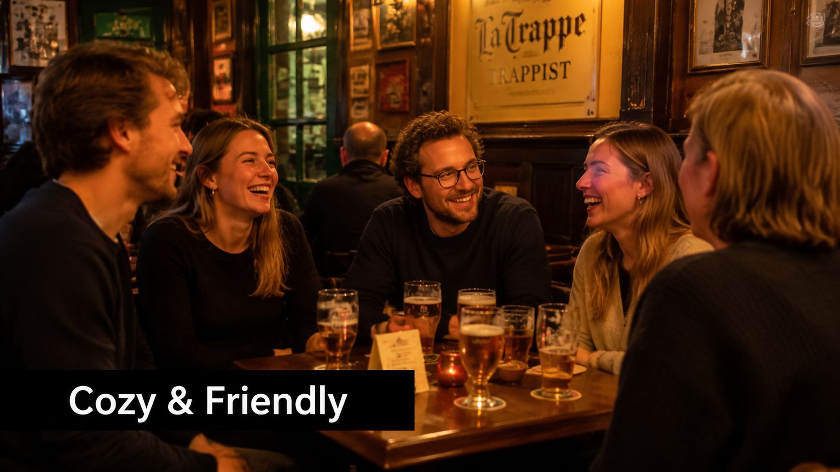 A group of friends laughing and drinking beer together at a cozy, traditional wooden Dutch bar.