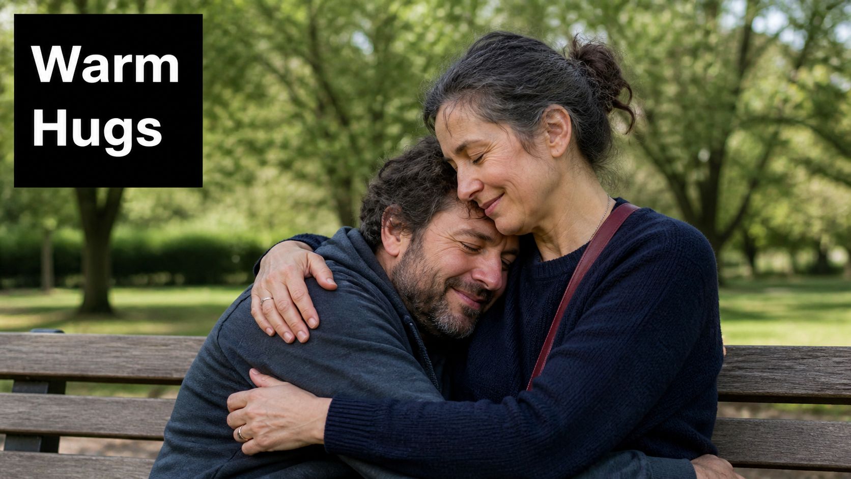 A loving woman and man embracing warmly while sitting together on a park bench outdoors