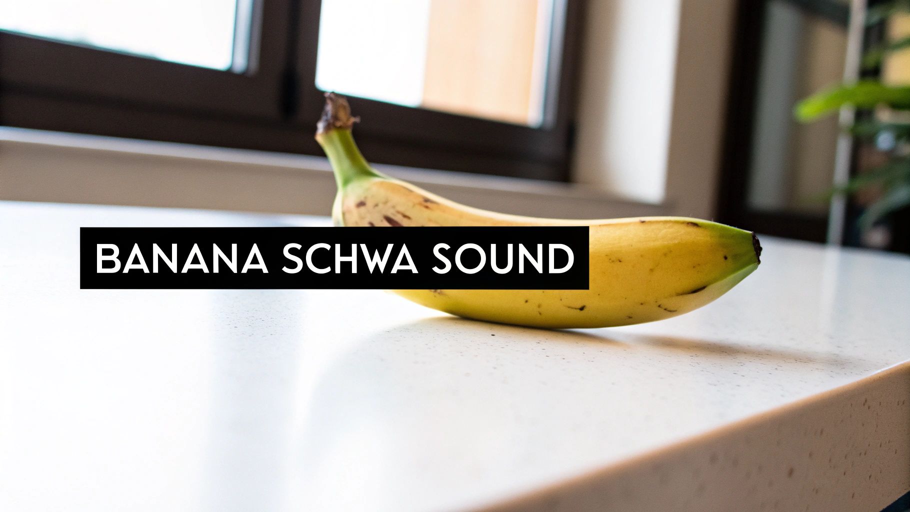 A ripe yellow banana with brown spots rests on a white counter, featuring the text 'BANANA SCHWA SOUND'.