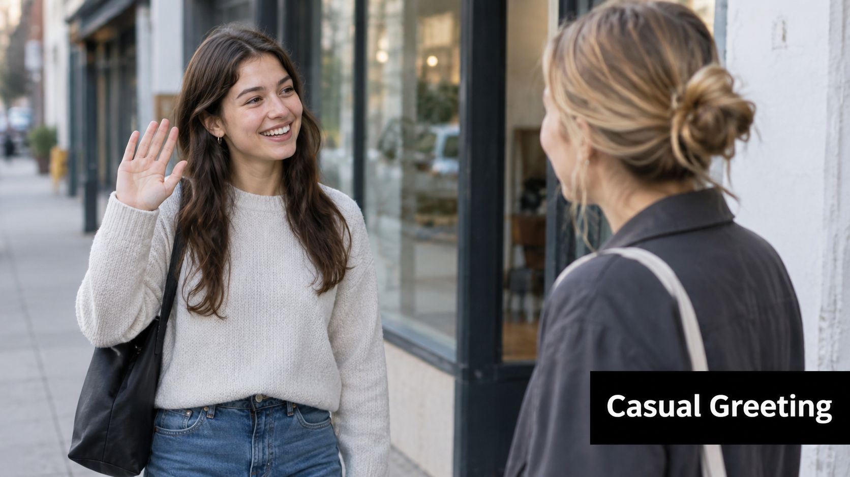 A young woman smiling and waving at a friend while meeting on a sunny city sidewalk.