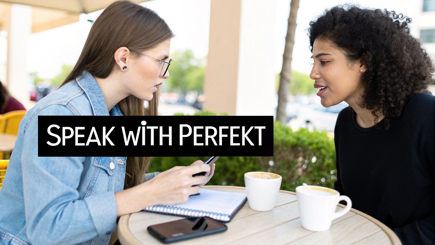 Two young women conversing at an outdoor cafe table, featuring 'SPEAK WITH PERFEKT' overlay.