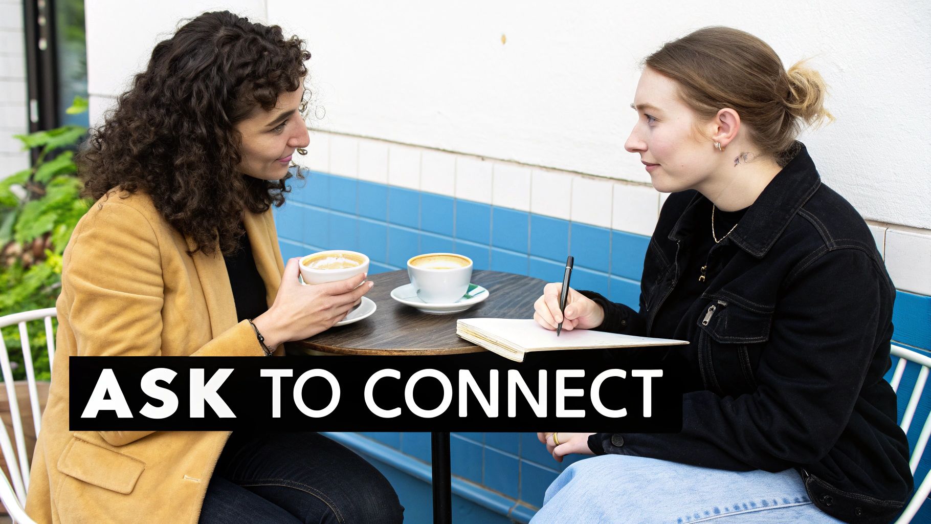 Two women at a cafe table with coffee, one writing in a notebook, the other holding a cup, conversing.