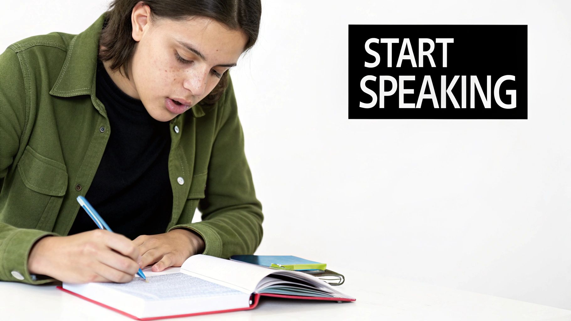 A focused person writes in a textbook with a pen, with 'START SPEAKING' text.