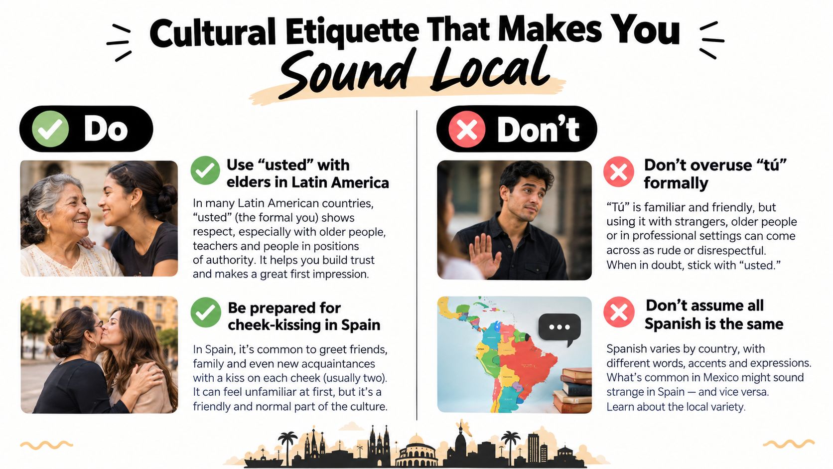 An infographic titled Cultural Etiquette That Makes You Sound Local, outlining dos and don'ts of speaking Spanish.