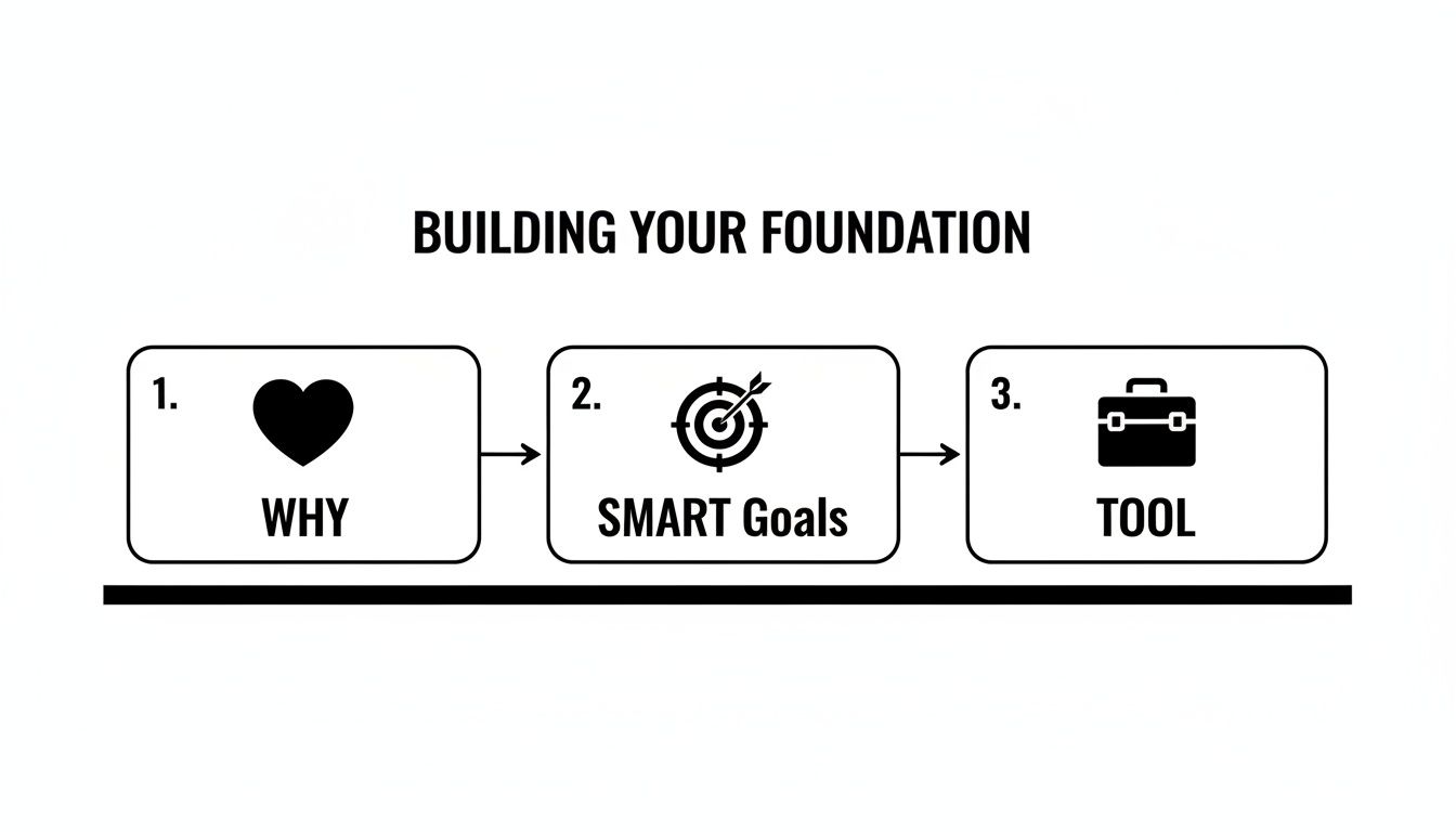 A diagram illustrating three foundational steps: Why (heart), SMART Goals (target), and Tool (briefcase).