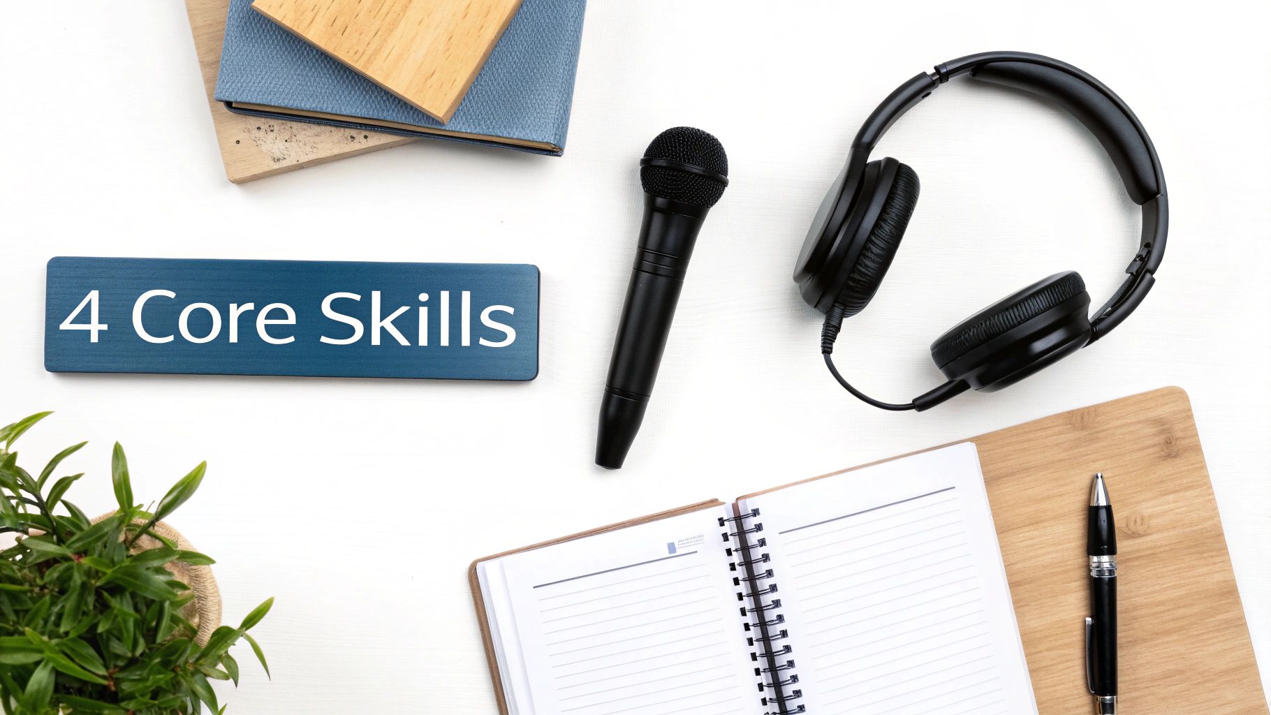Flat lay of a desk with a '4 Core Skills' sign, microphone, headphones, notebook, pen, books, and a plant.