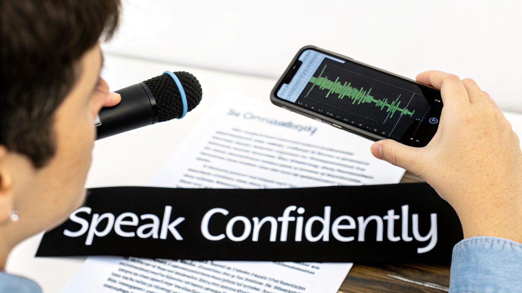 Person practicing public speaking with a microphone, phone showing audio waveform, and 'Speak Confidently' sign.