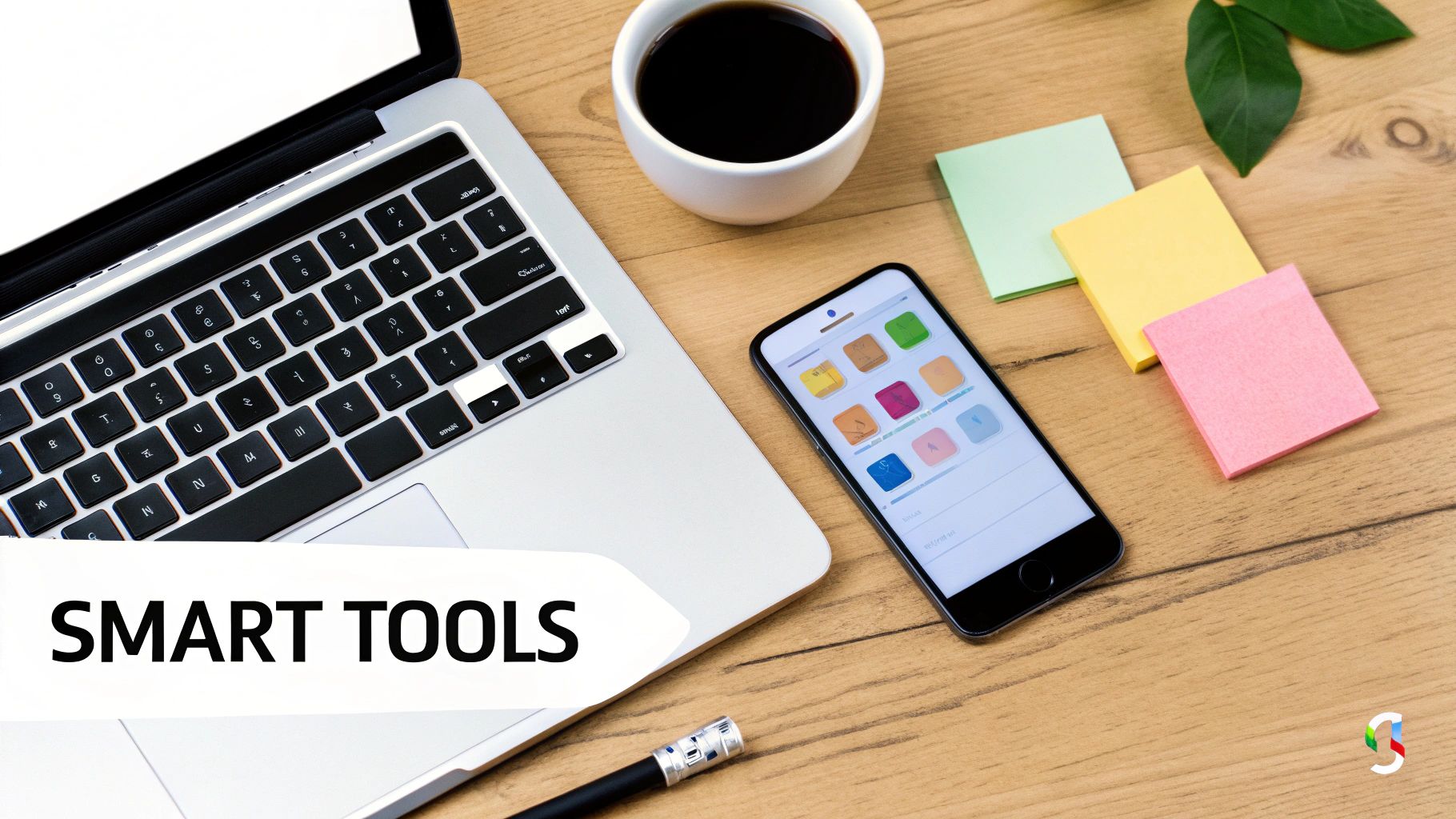An overhead flat lay of a modern workspace with a laptop, smartphone, coffee, and colorful sticky notes.