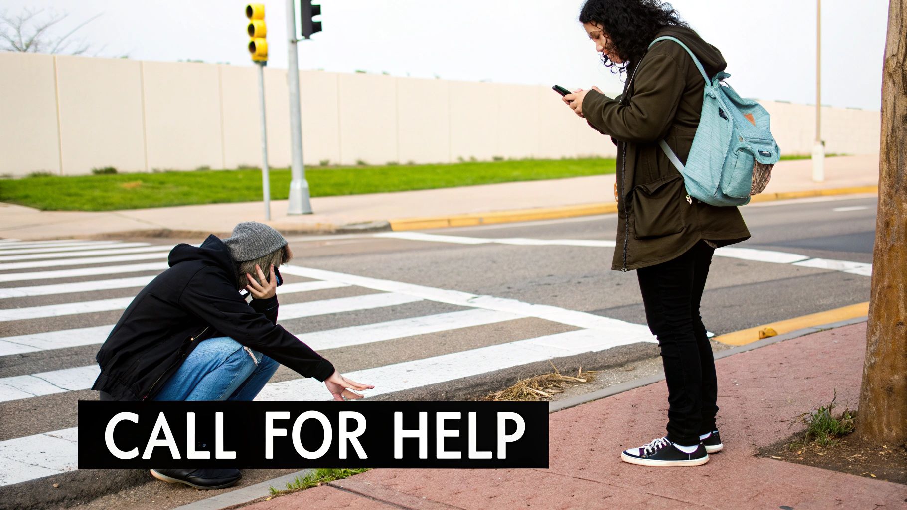 A person kneels on a crosswalk in distress as another stands nearby using a phone.