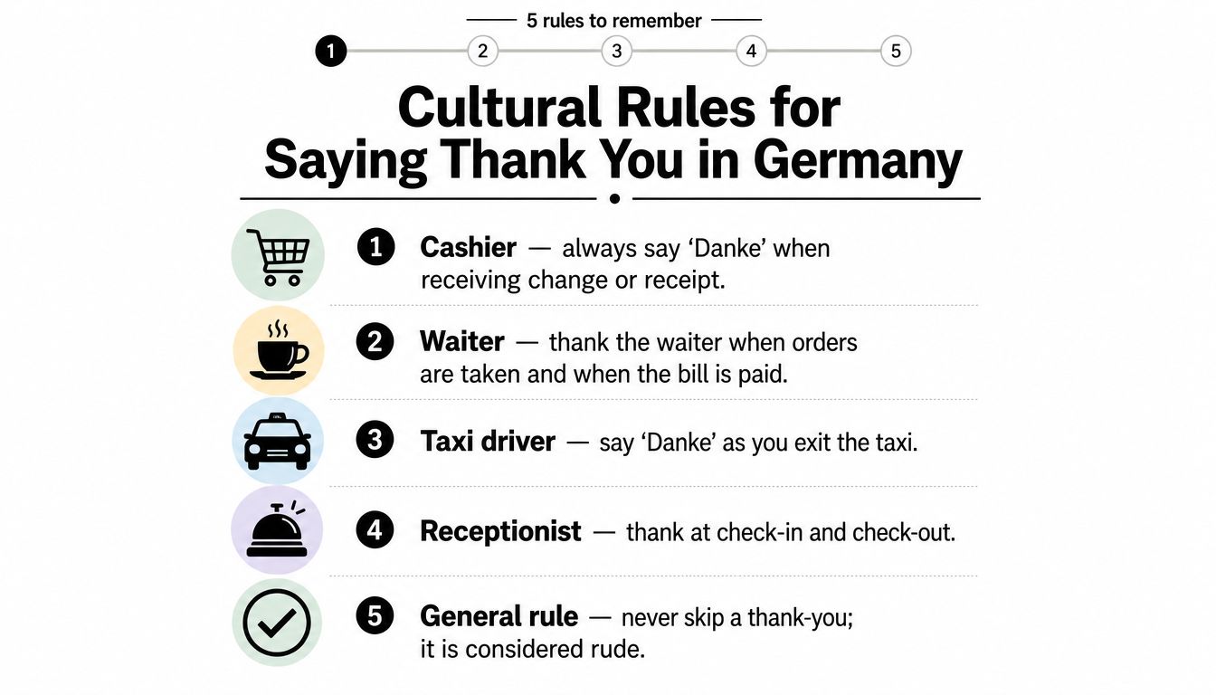 An infographic titled Cultural Rules for Saying Thank You in Germany, listing five etiquette tips for different social situations.