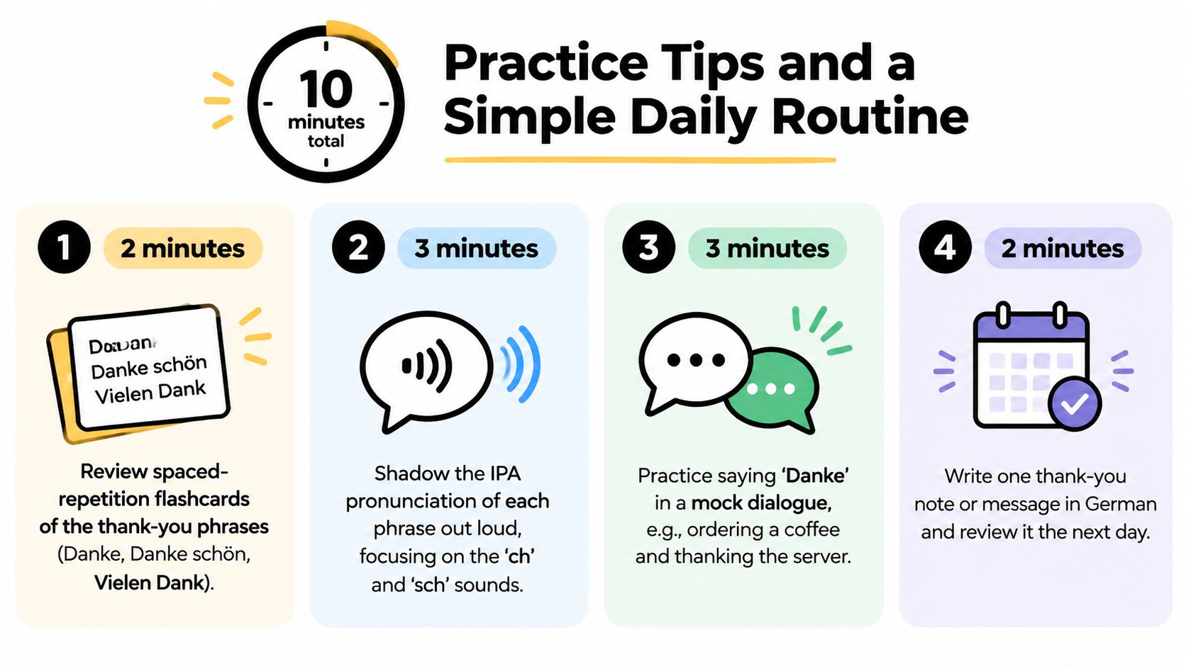 A 10-minute German language learning routine graphic illustrating four simple steps for practicing thank-you phrases.