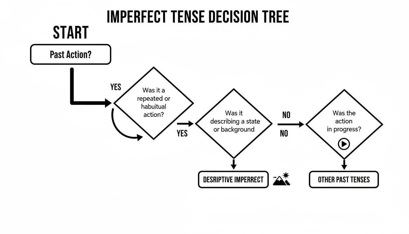 Decision tree illustrating when to use the imperfect tense for past actions, states, and ongoing events.