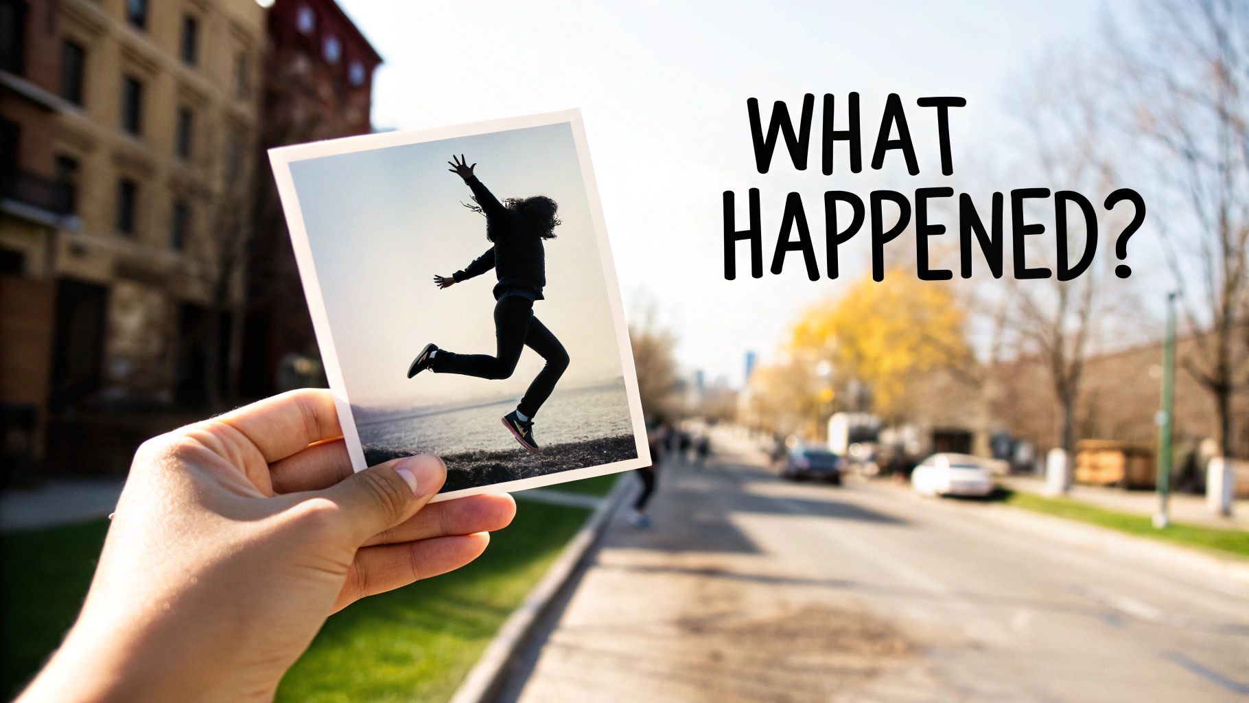Hand holding a photograph of a silhouetted person jumping, with 'WHAT HAPPENED?' text overlay.