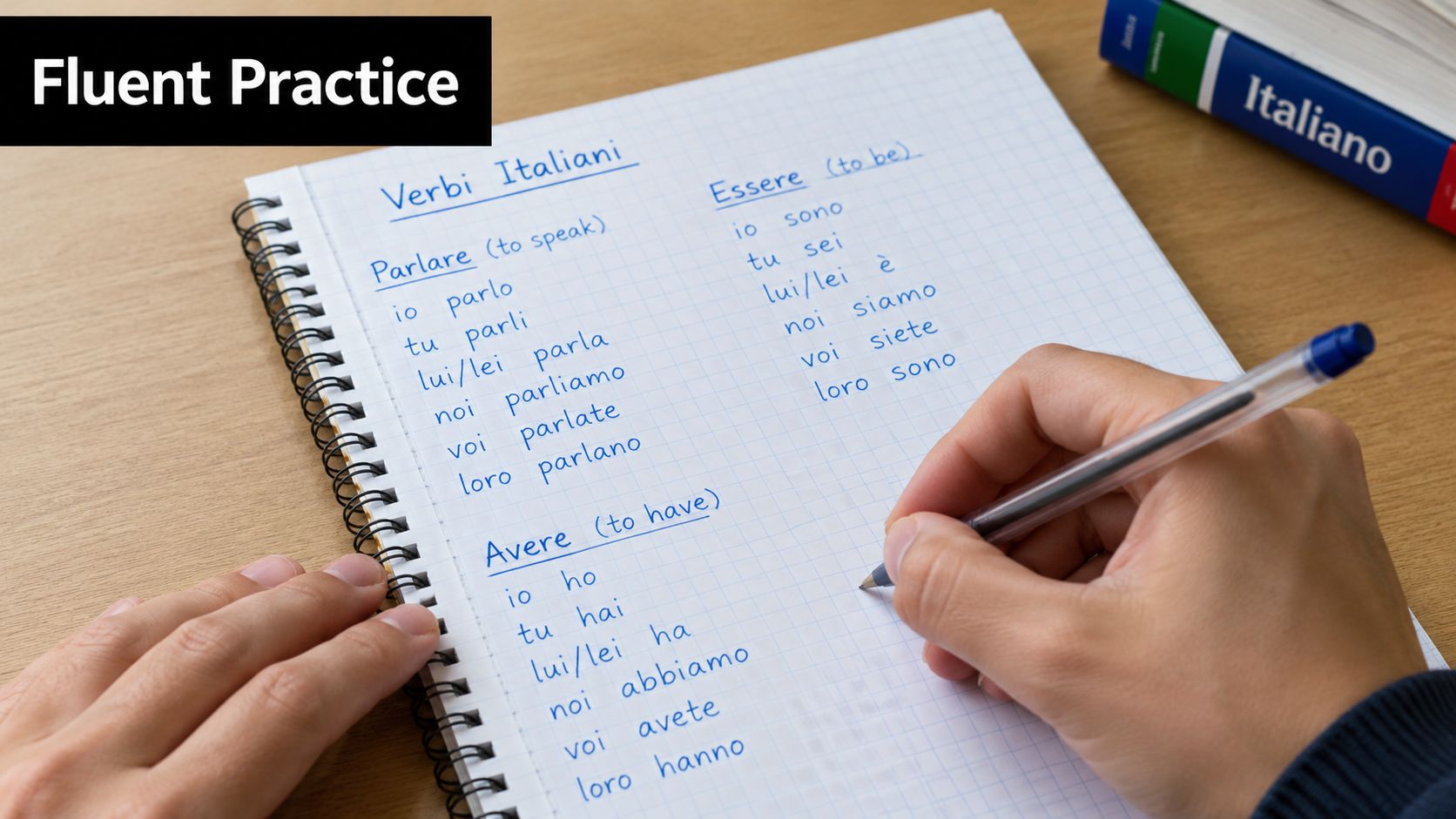 A person writing Italian verb conjugations for parlare, essere, and avere in a notebook with a pen.