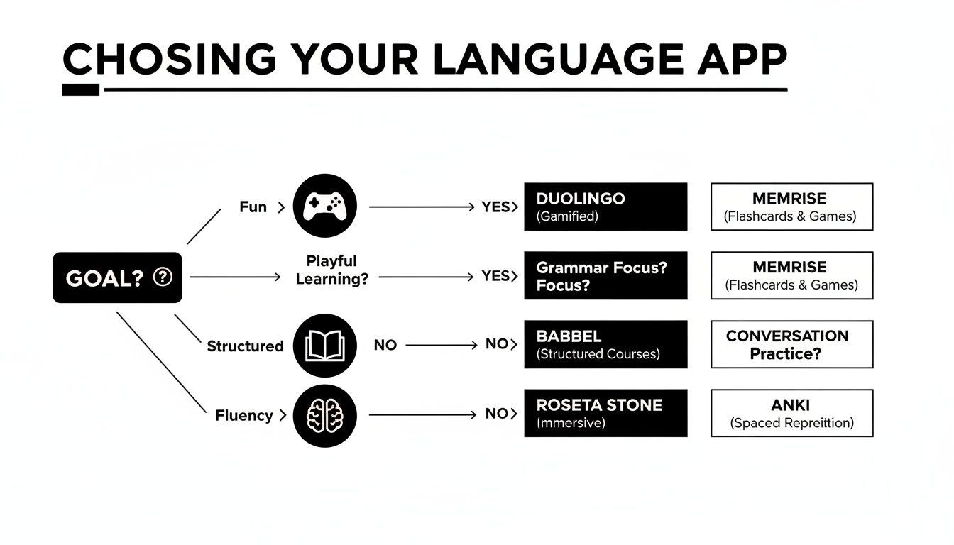 Choosing your language app based on goals: fun habit, structured curriculum, or fluency without practice caps.