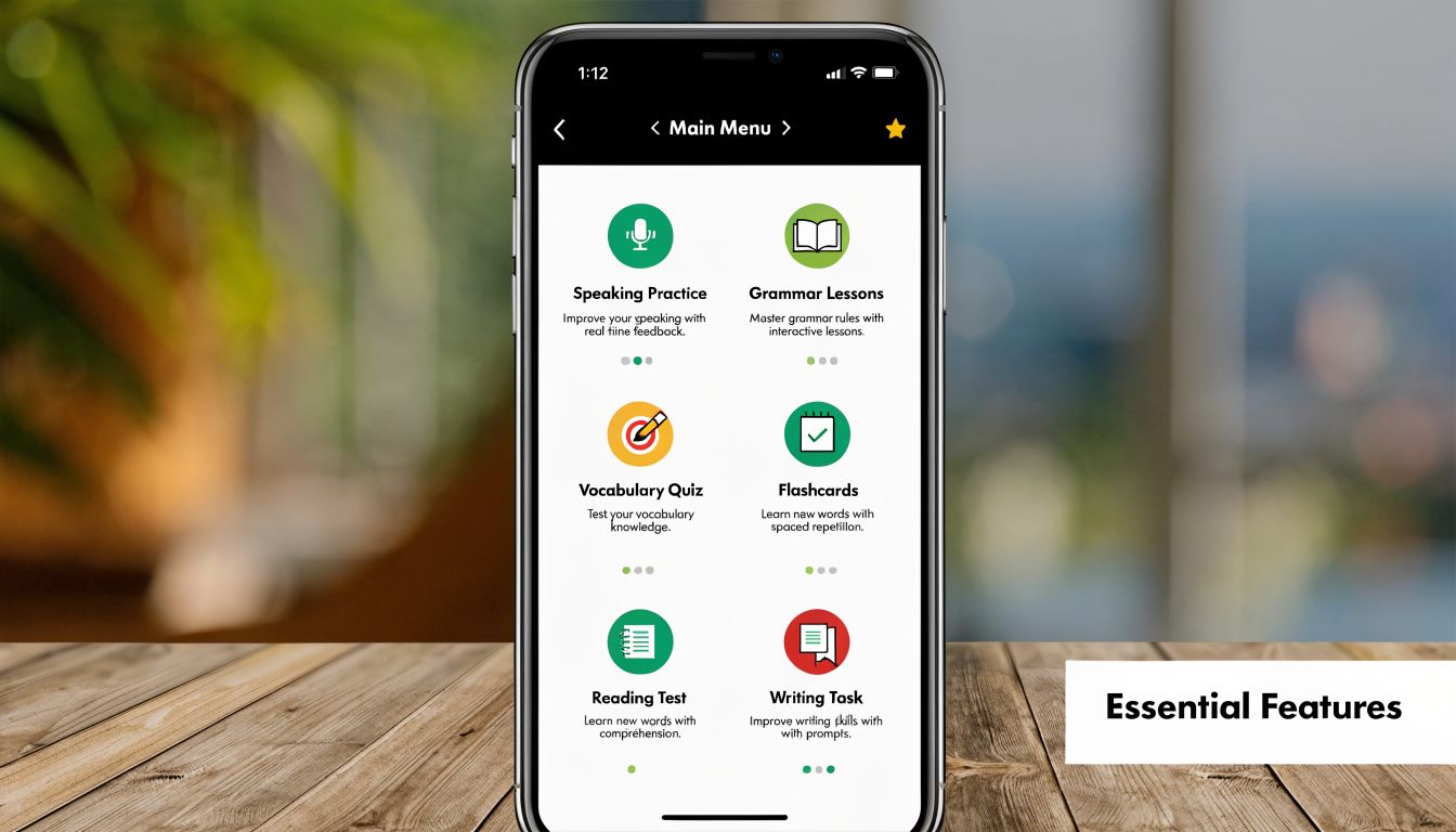 Language app menu showing structured lesson categories for daily practice.