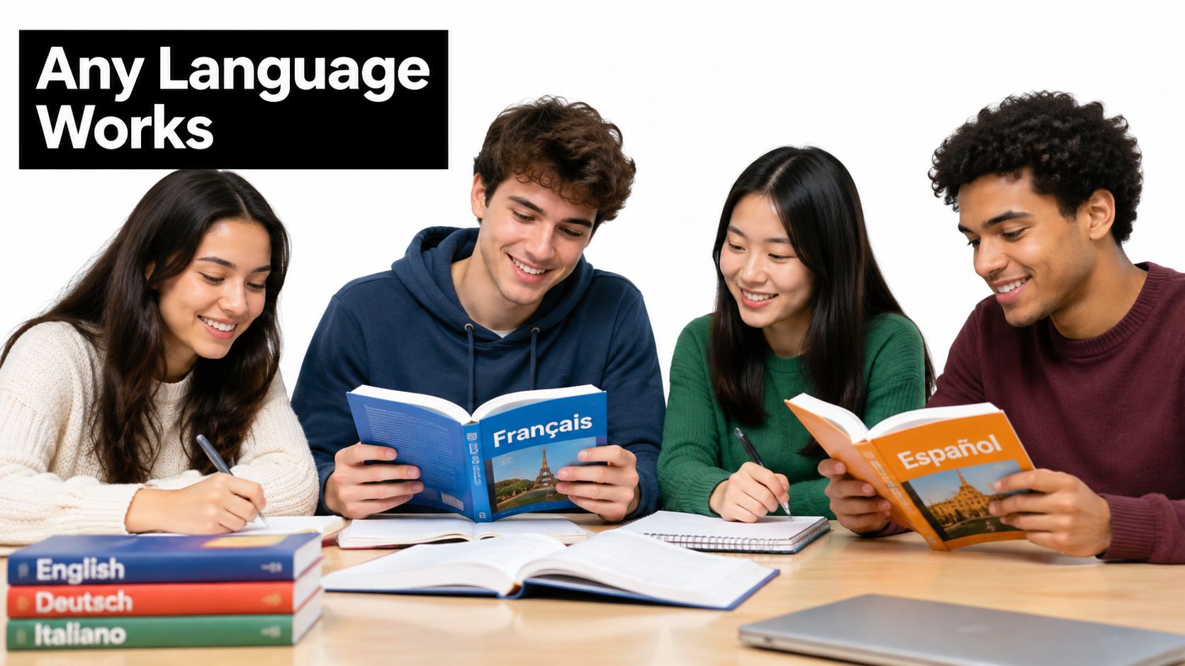 A diverse group of four students studying together at a desk with textbooks for learning foreign languages.