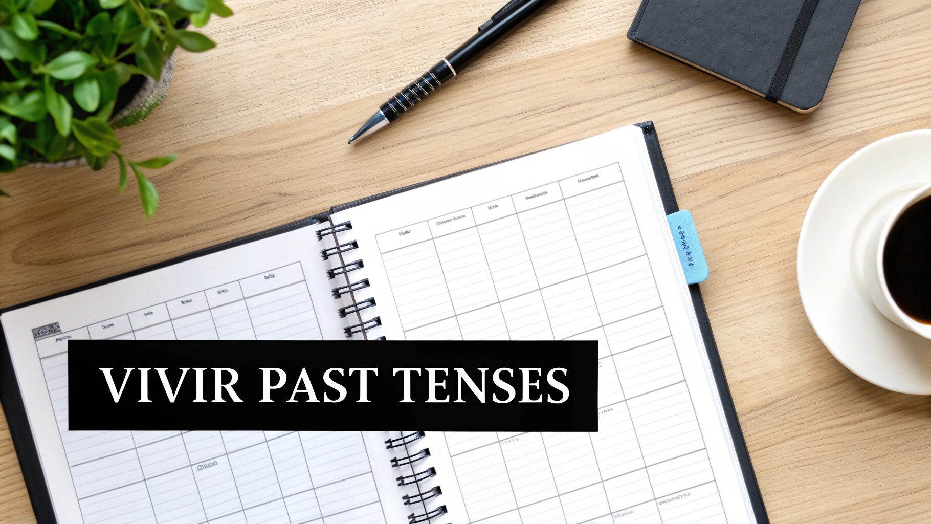 Overhead shot of an open planner on a wooden desk, with a black text overlay saying 'VIVIR PAST TENSES'.