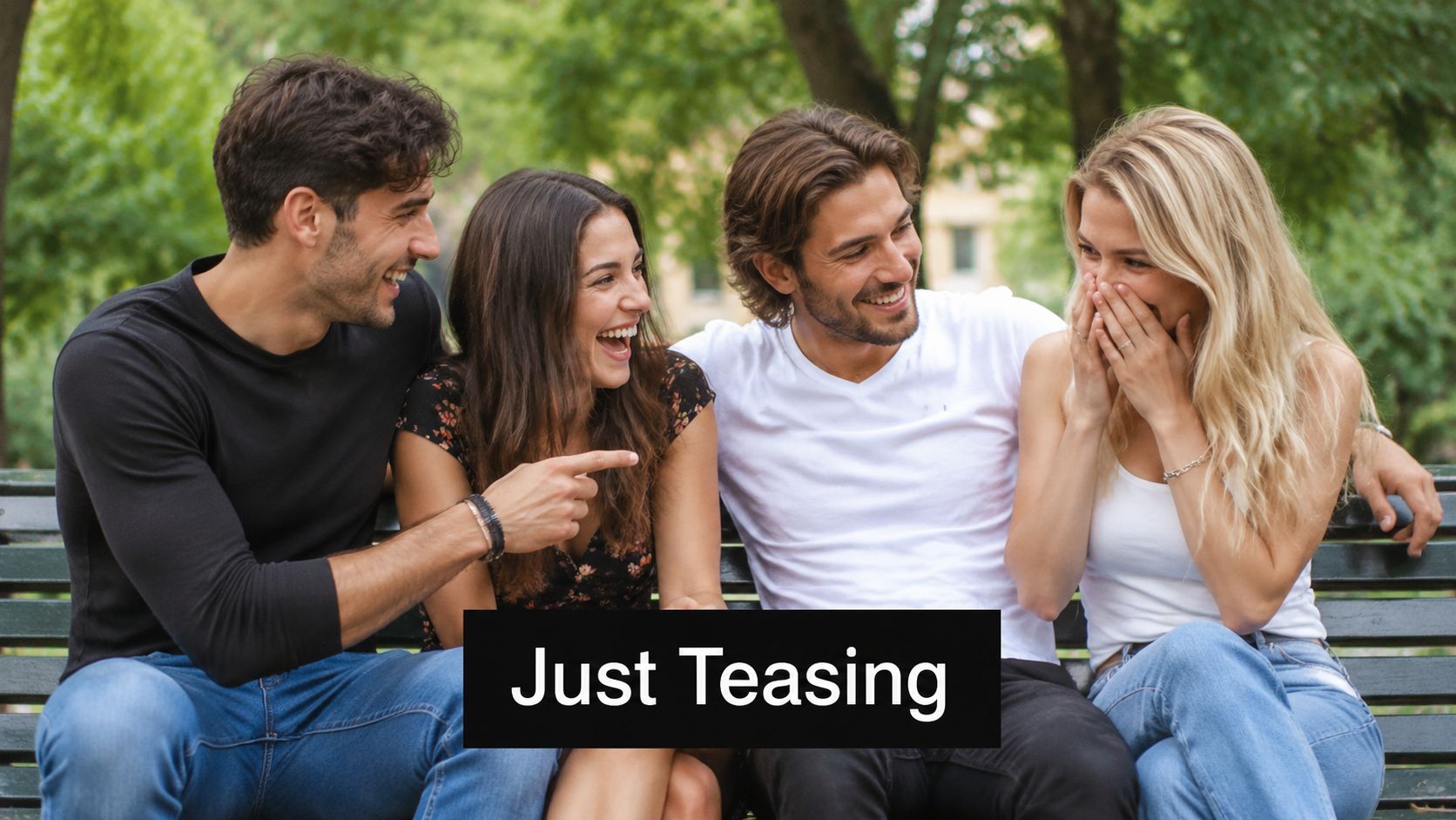 Four happy friends sitting on a park bench laughing while engaging in a casual conversation outdoors.