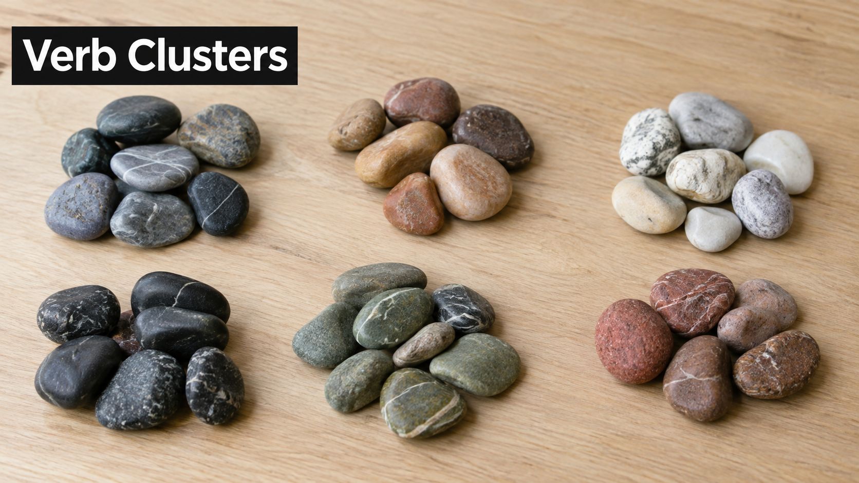 A top-down view of six artistic clusters of smooth, colorful pebbles arranged on a wooden table surface.