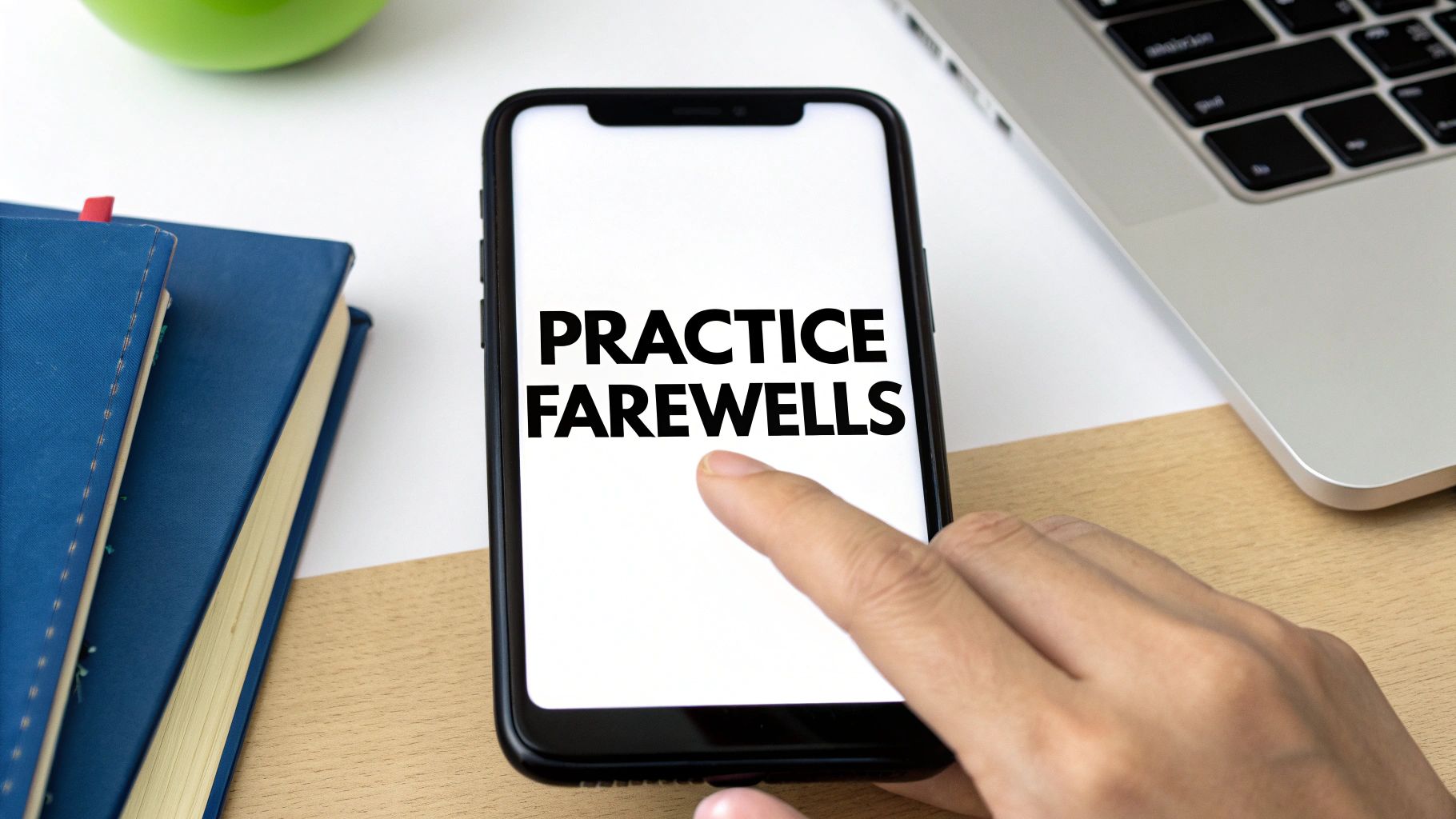 A person's hand touches a smartphone screen showing "PRACTICE FAREWELLS" text, with books and a laptop nearby.