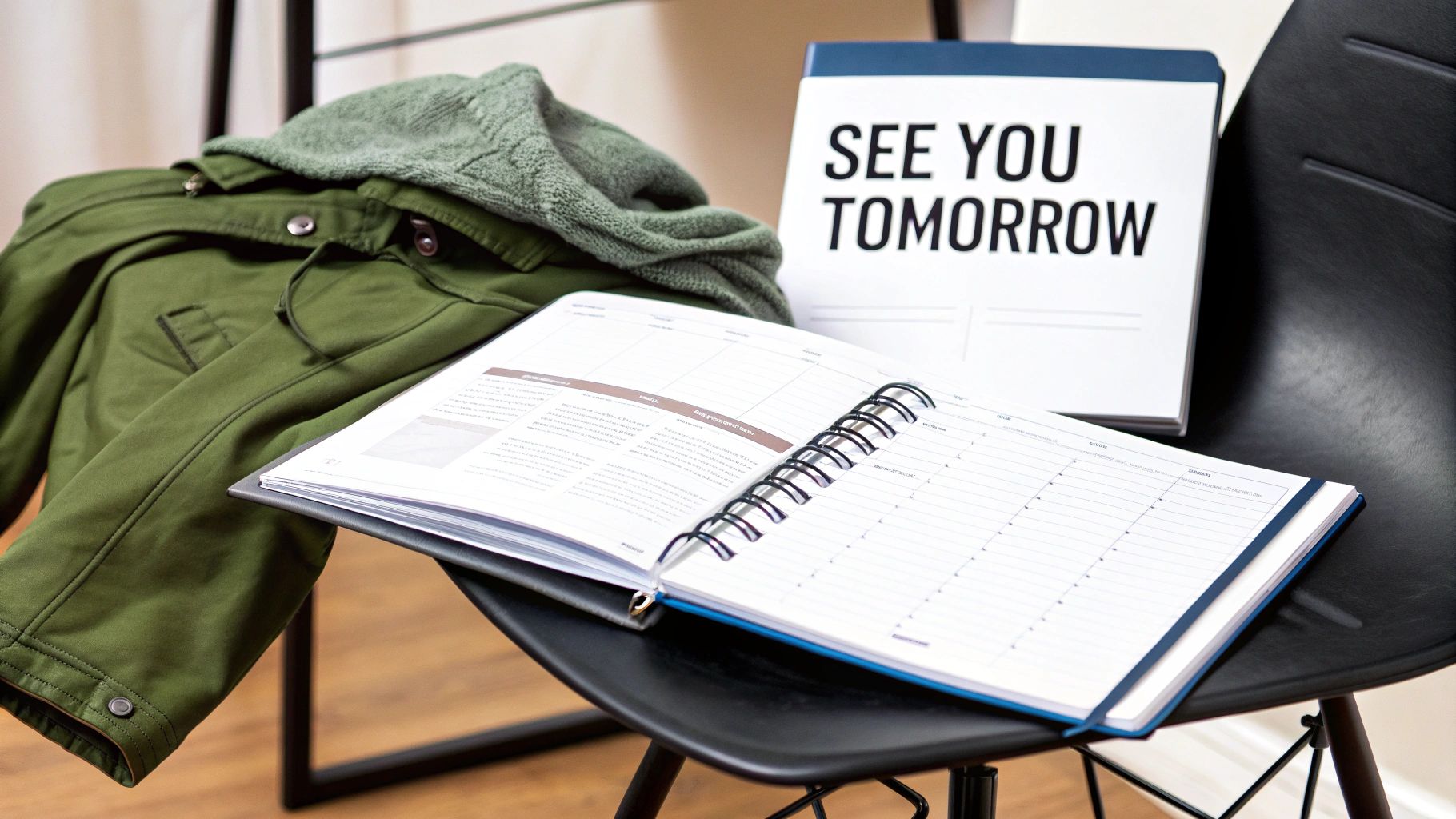 A green jacket, an open planner, and a 'SEE YOU TOMORROW' sign on a chair.