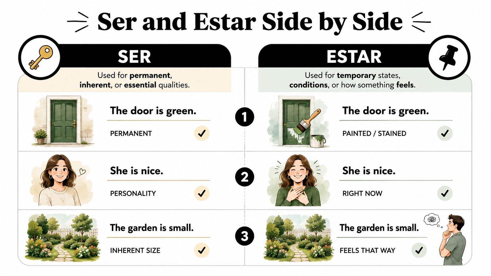 A comparison chart showing how the Spanish verbs ser and estar differ using examples of everyday situations.