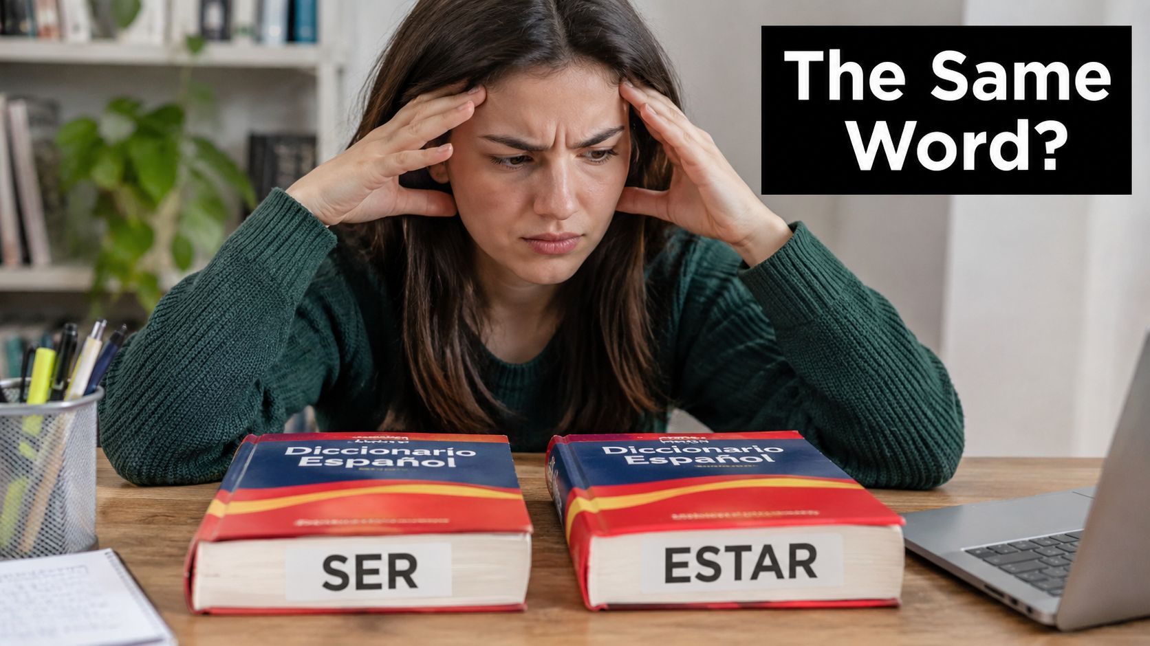 A woman looks confused while studying two Spanish dictionaries with the words Ser and Estar labeled.