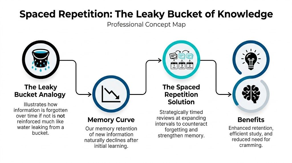 A professional concept map illustration explaining the principles of spaced repetition and its memory retention benefits.