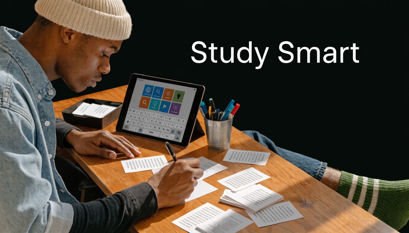 A student using flashcards and a tablet to practice spaced repetition language learning at a desk.