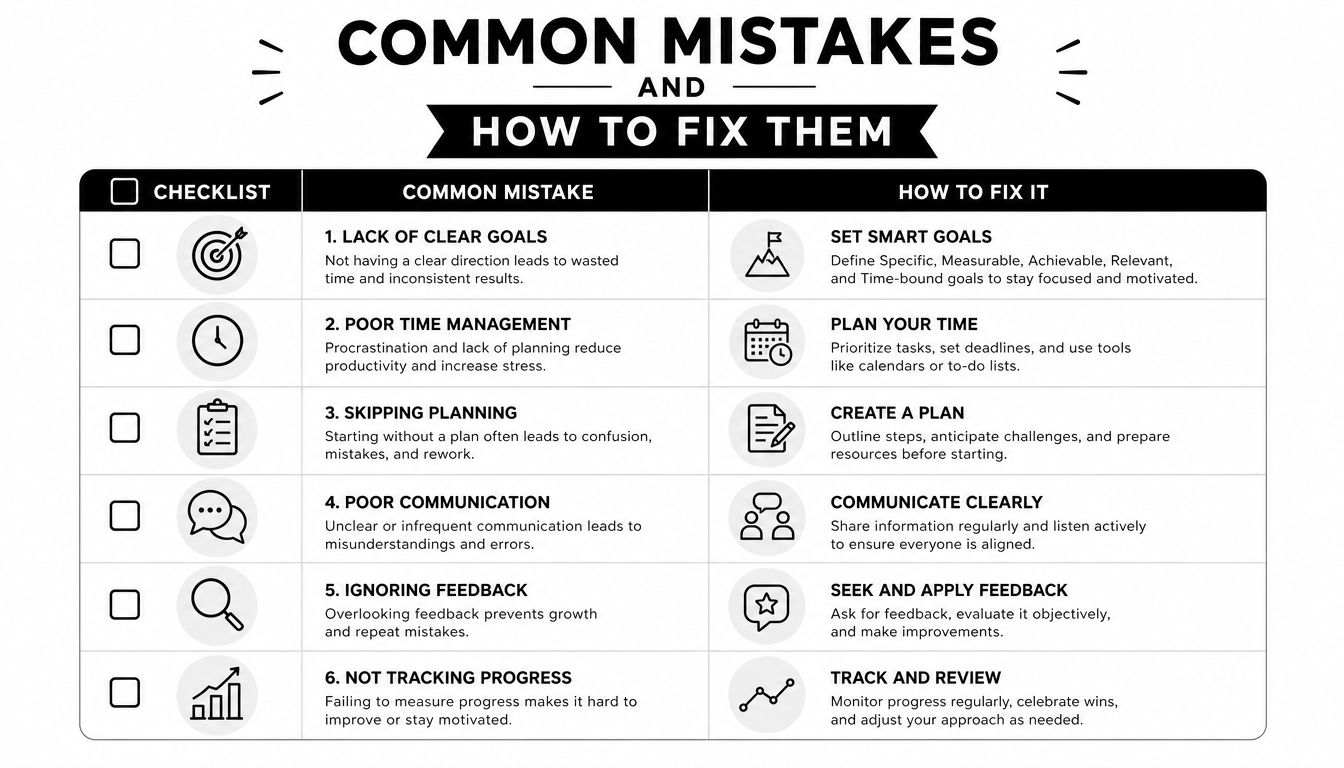 A table outlining six common productivity mistakes and actionable steps to fix each one effectively.