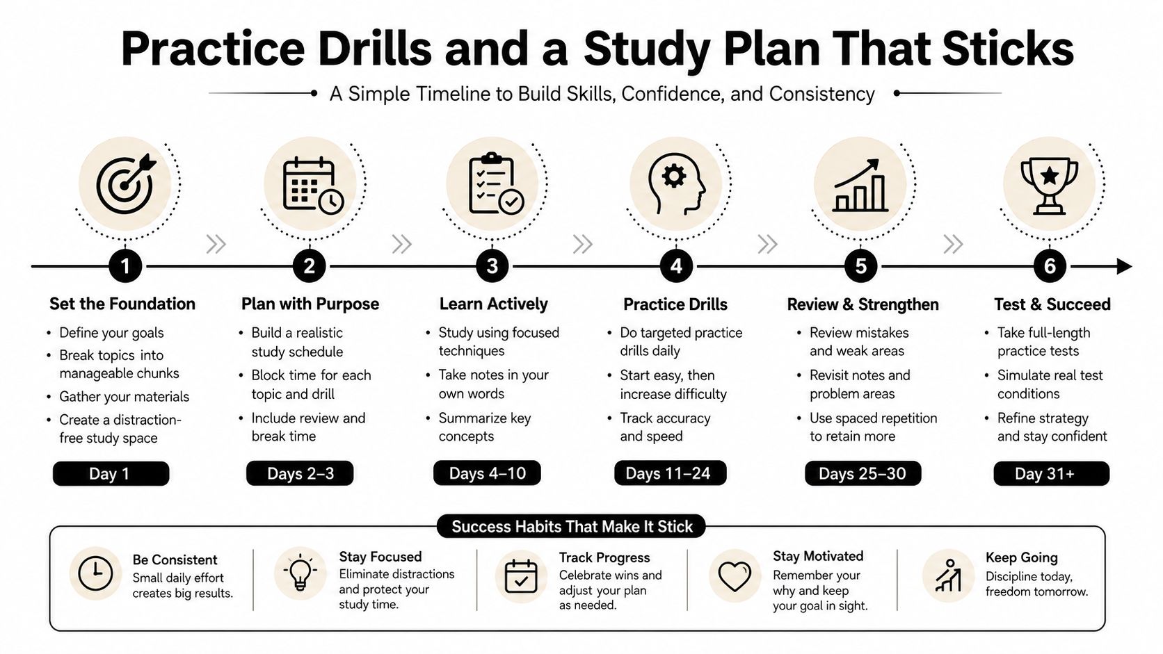 A six-step study plan timeline infographic illustrating how to build skills, confidence, and consistency for effective learning.