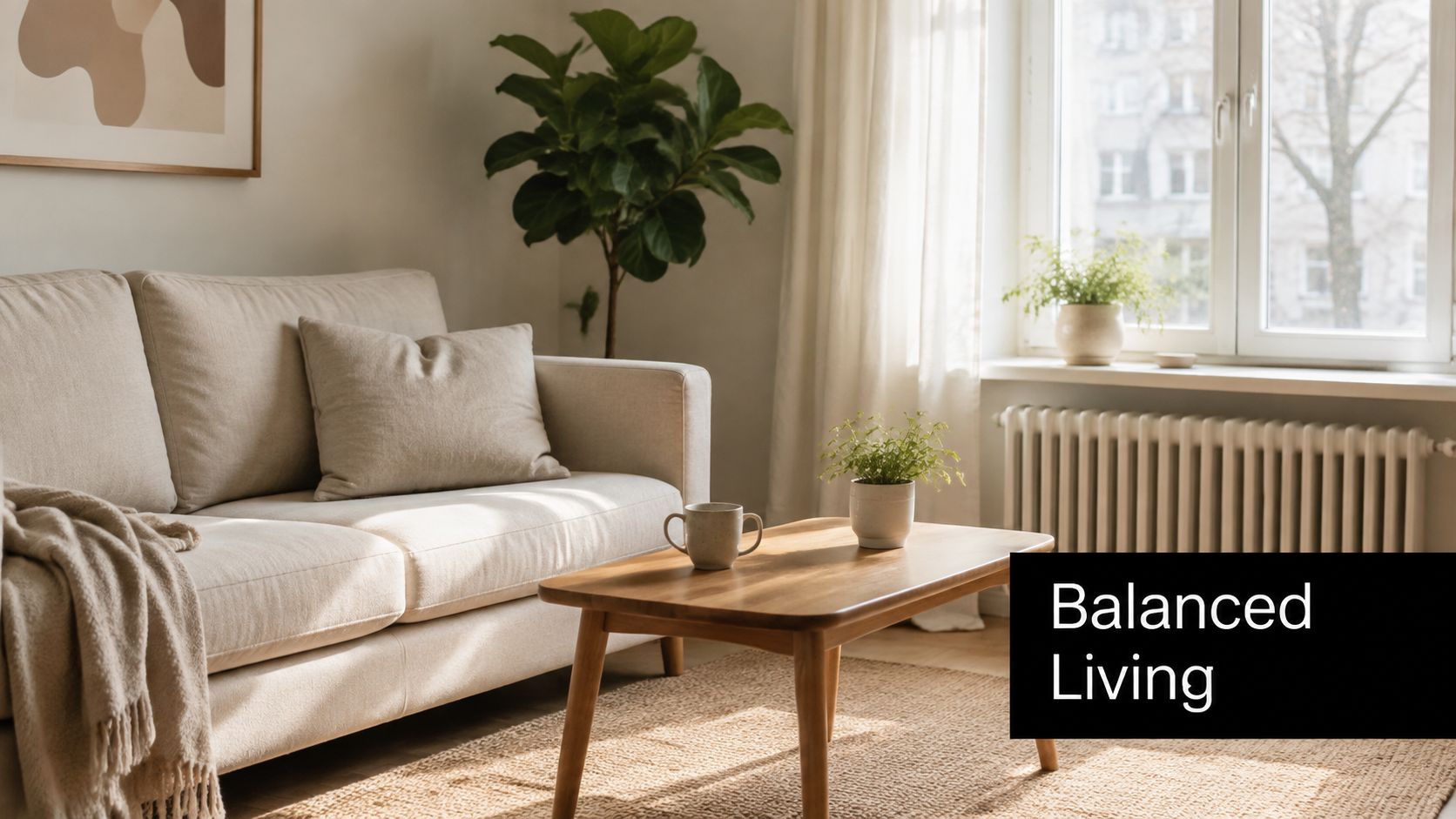 A cozy, minimalist living room featuring a beige sofa, a wooden coffee table, and indoor house plants.