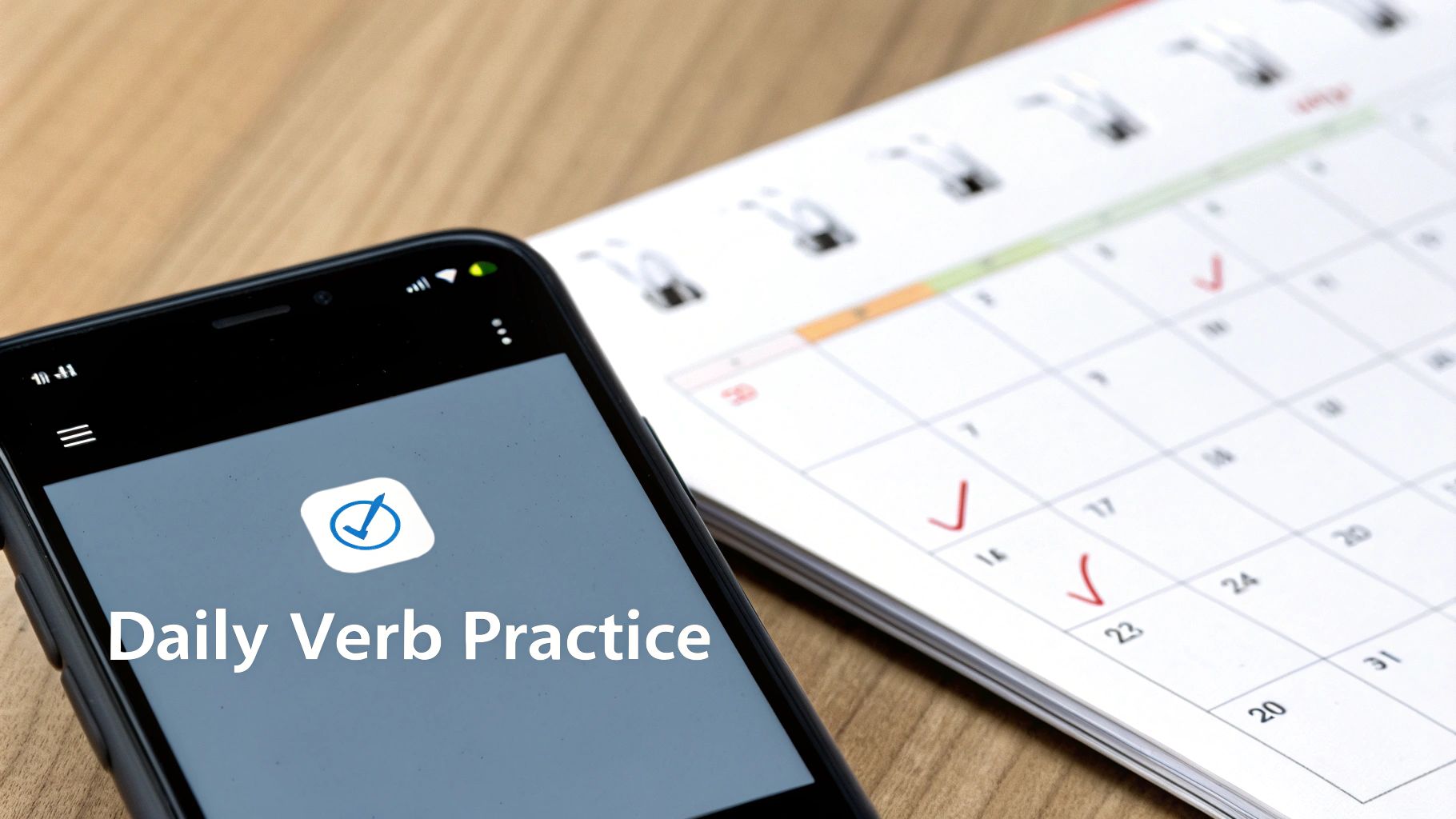 Smartphone showing 'Daily Verb Practice' app alongside a calendar with red completion checkmarks.